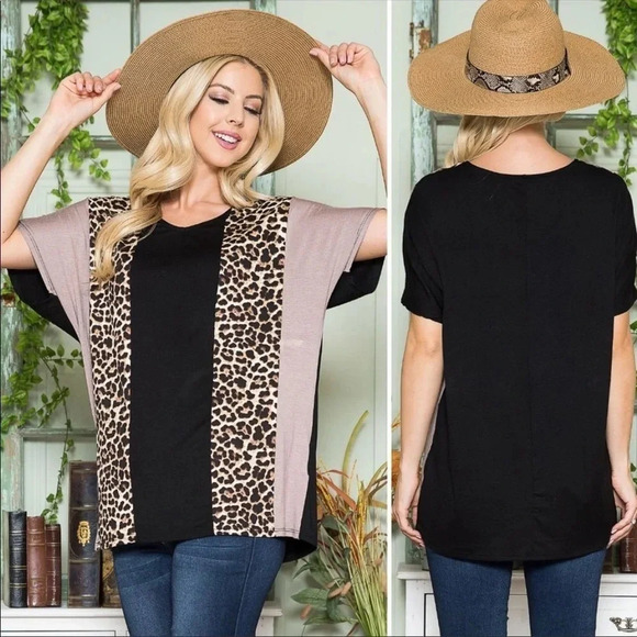 Leopard Color Block Top | Boho Animal Print V-Neck Soft Blouse - Picture 3 of 9